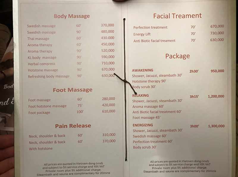 シルバーランドシルホテルスパ　スパメニュー