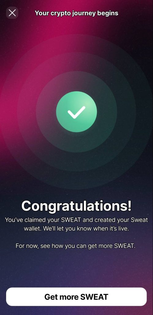 Sweatcoin アプリ　ウォレット作成 完了画面